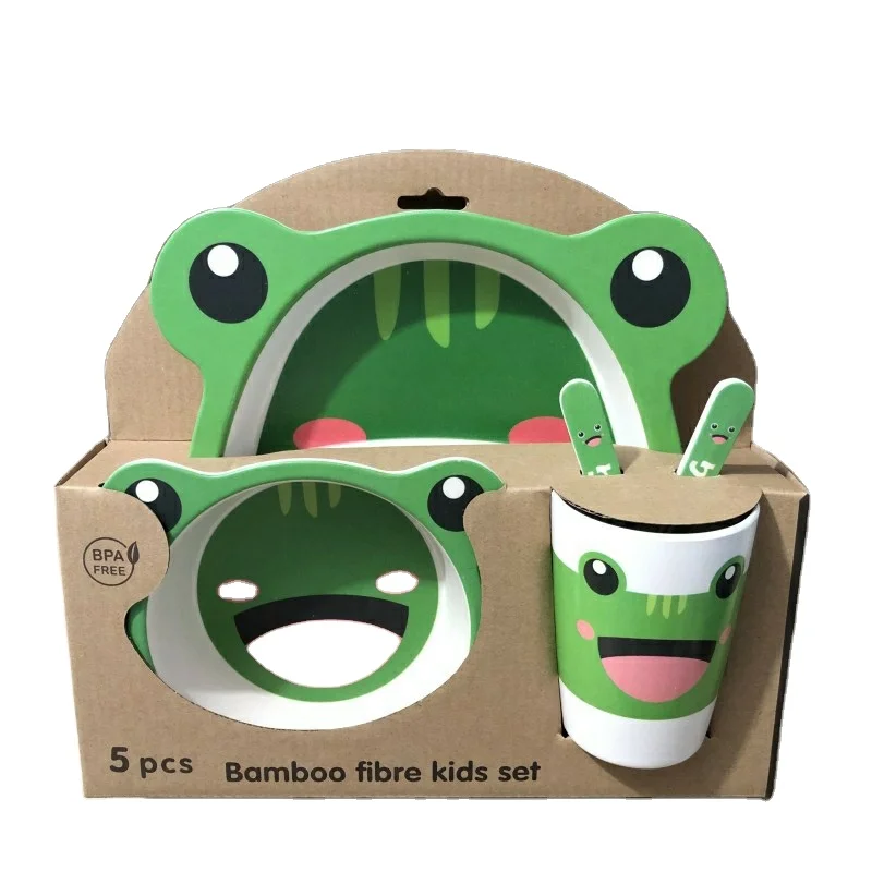 

OEM logo tableware cartoon kids baby children's bamboo fiber plate bowl cup fork spoon dinnerware set