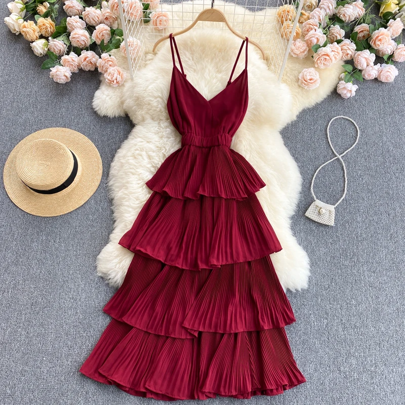 

2022 New Summer Sexy V-Neck Sheath Midi Crimping Seaside Spaghetti Strap Resort Wear Ruffle Beach Dresses For Women