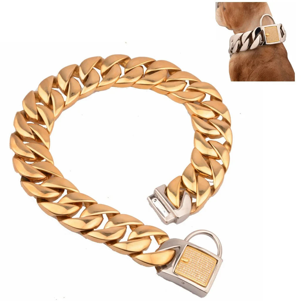 

Custom Wholesale 30mm Stainless Steel Pet Supplies Dog Collar Dog Chains Large Dog Bulldog, Gold