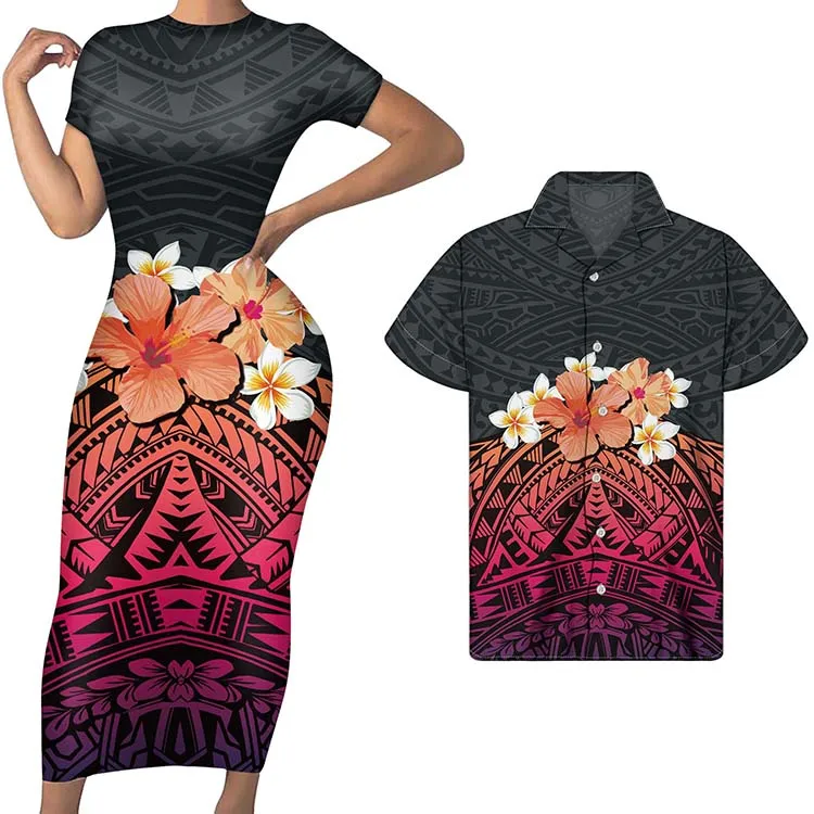 

Polynesian Tribal Design 2pcs set Match Couple Dress Polynesian Design Print Men shirt and Ladies short sleeve Match Women & Men, Customized color