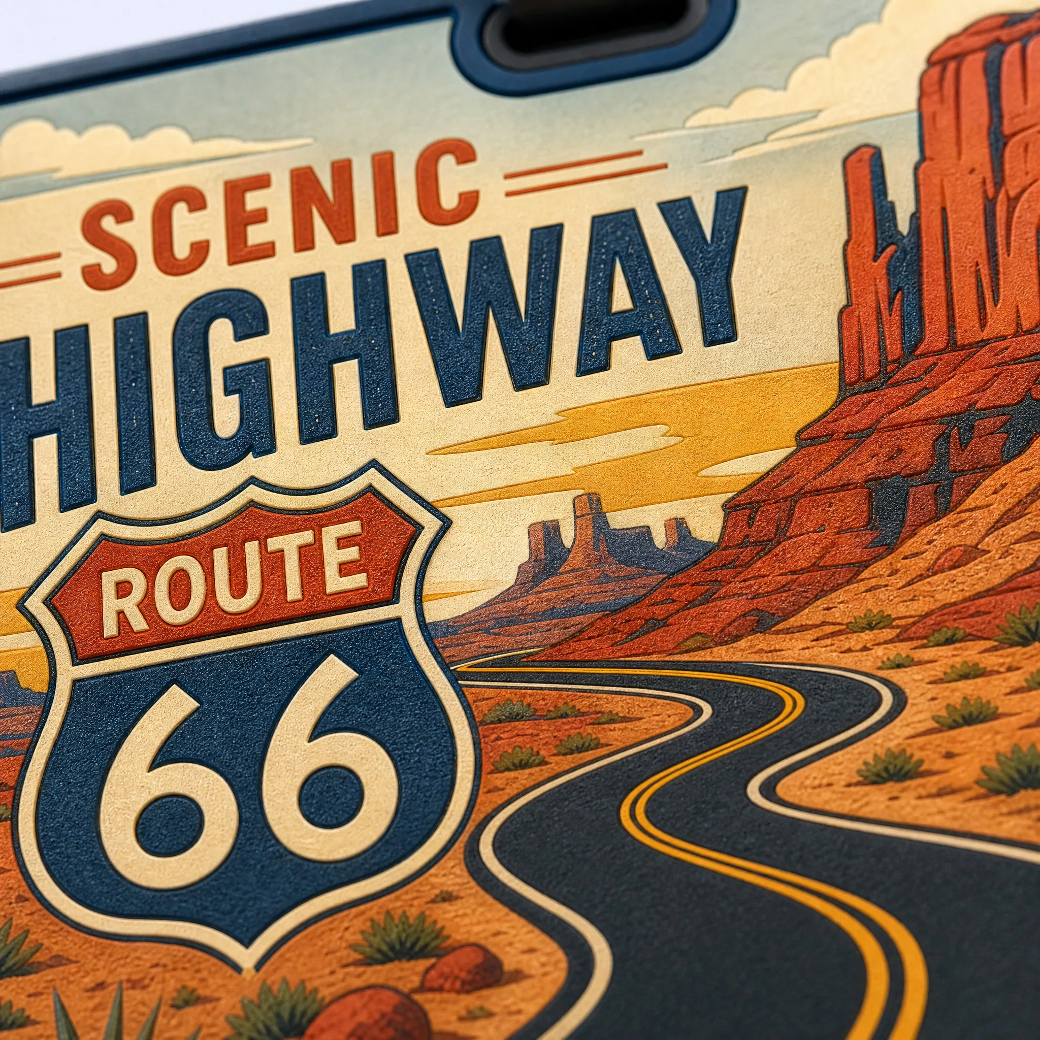 Custom 3D Soft PVC Route 66 Luggage Tag 4K Macro Stipple Grain and Precision Tooling Detail