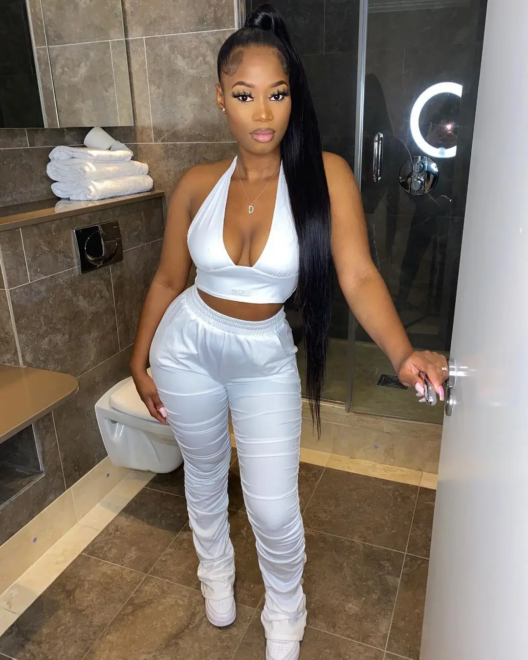 

New Arrivals 2021 Women Outfits Solid Halter Female Crop Top And Trouser Tracksuit 2piece Set Woman Stacked Pants, White,black