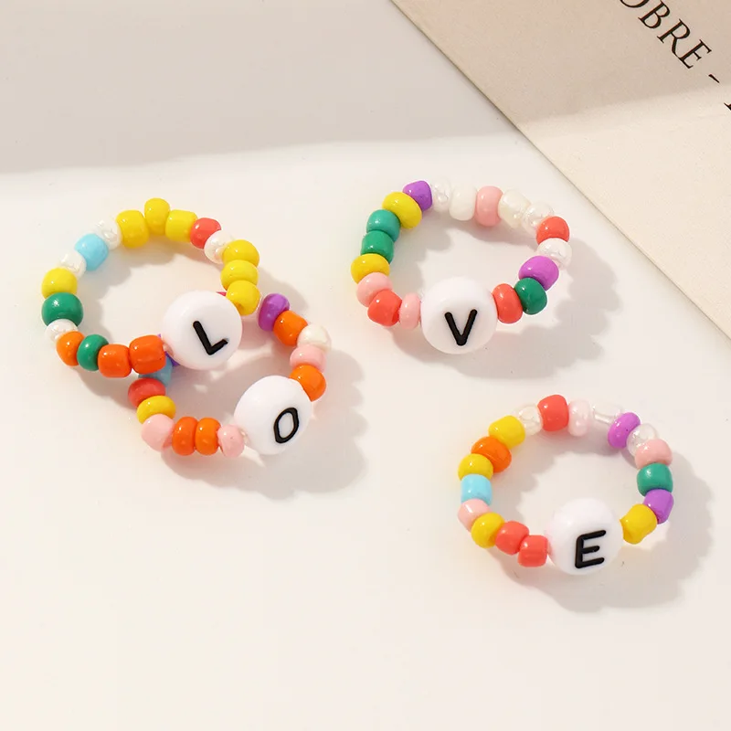 

Ins Creative Candy Color Colorful Beads Ring Anillo De Cuentas Female Personality Love Finger Ring Anel