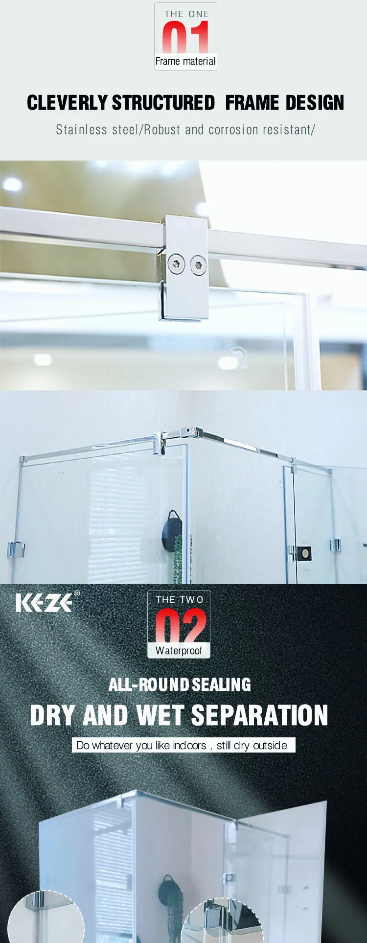 KEZE rectangle  Stainless steel tempered glass frameless hinge shower enclosure