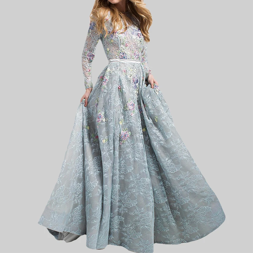 indian long sleeve lace floral embroidered high neck arabian nights long light blue women prom dress
