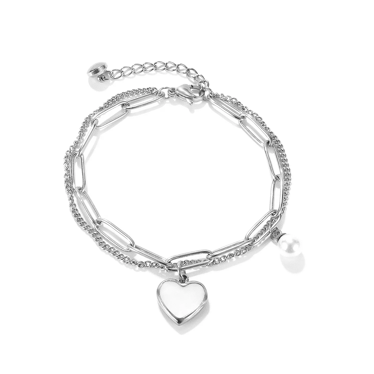 

Fashion Charm Double Chain Stainless Steel 18K Gold Pearl Heart Pendant Women Lucky Cuff Bracelet