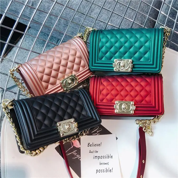 

2020 Custom Fashion Color Rainbow PVC Frosted Matte Rhombic Large Jelly Purses For Women Ladies Shoulder Bag