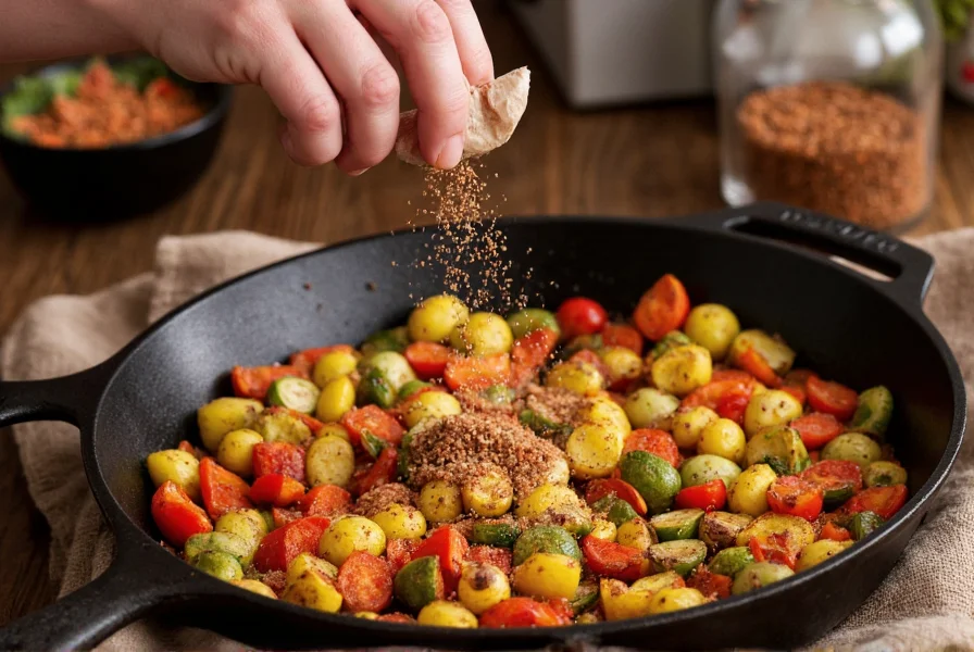 Chef's hand sprinkling spice substitute blend over roasted vegetables in a cast iron skillet