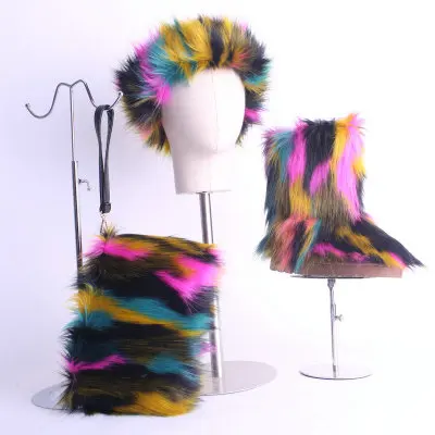 

Factory 2021 Winter women kids wholesale Faux Fox Fur rainbow handbag Colorful headband match Multicolor boots Sets, As pictures or custom