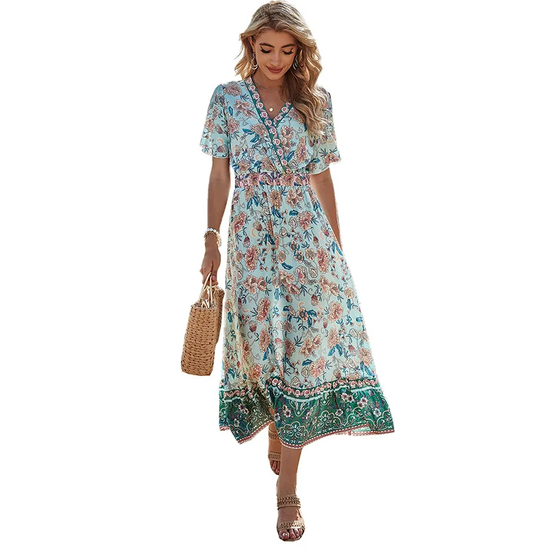 

2021 elastic floral print retro summer new V-neck dresses women, Green