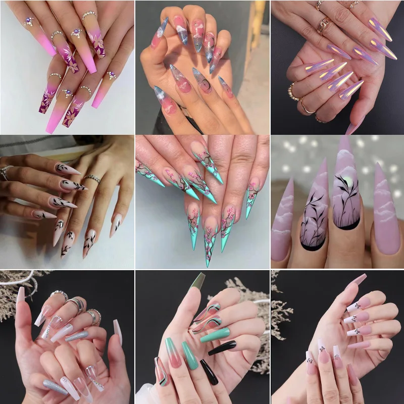 

24pcs French Ballerina Long Glossy Coffin Fake NailsPress on Nail Full Cover False Tips Manicure for Women and Girls