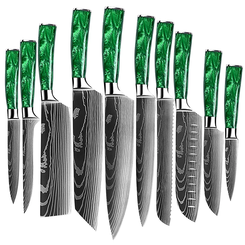 

10 PCS Japanese Damascus Laser Pattern Slicing Santoku Tool 4CR13MOV Kitchen Chef Knives Set