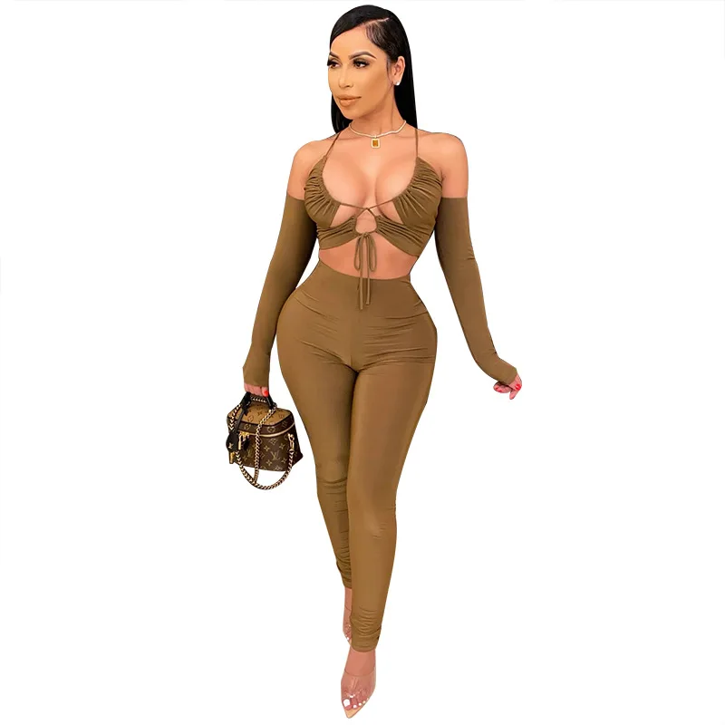 

2021 Women Sexy Long Sleeve V Neck Sheath Bodycon Lace UP Clubwear Two pieces Sets with Long Pants for Women Wholesale OEM ODM