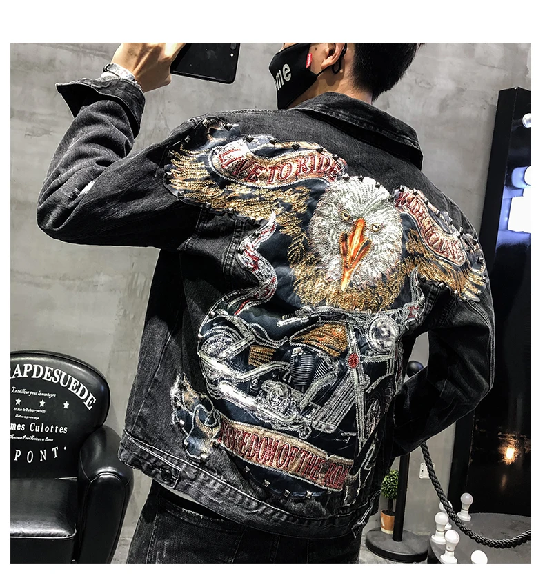 

high quality mens rhinestone denim jacket street fashion jeans jacket