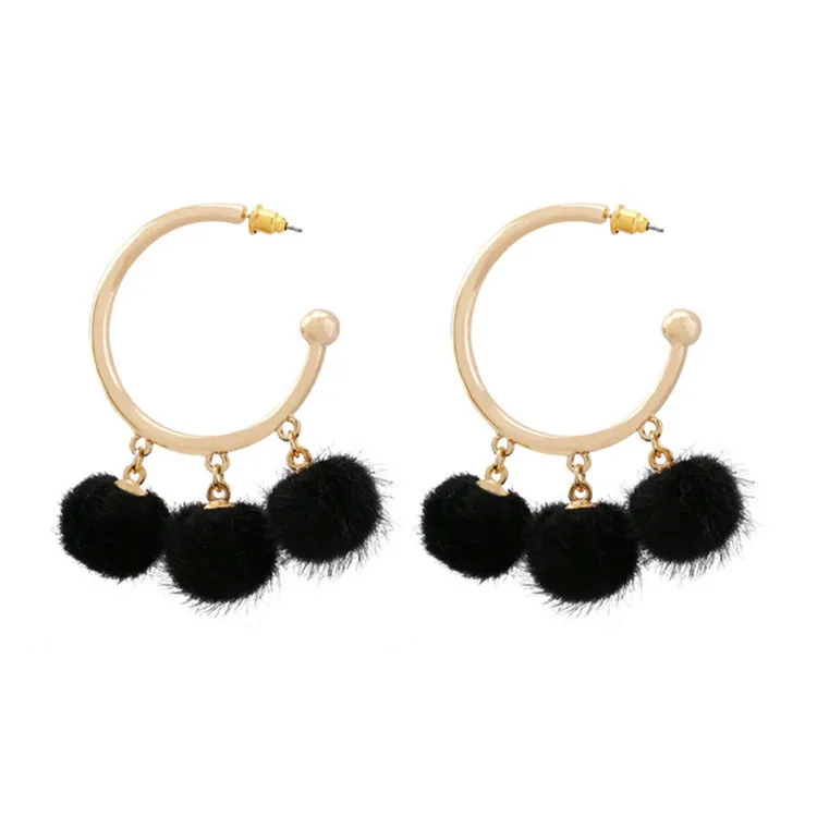 

14K Gold Plated Metal Geometric Open Circle Stud Earrings Fancy Open Hoop Black Fur Pompom Ball Drop Earrings, Picture