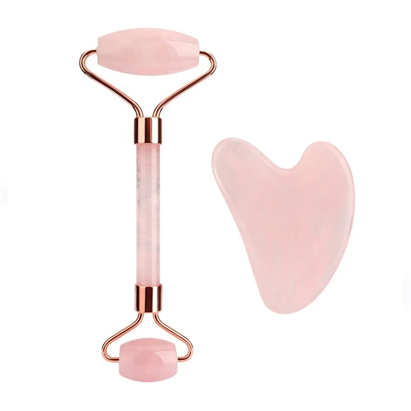 

Ready to ship Jade Roller Gua Sha Set for Face Beauty Facial Massage Authentic Quartz Skin Care Go Home Private Label 2 in 1 Face Lift, Pink rose quartz