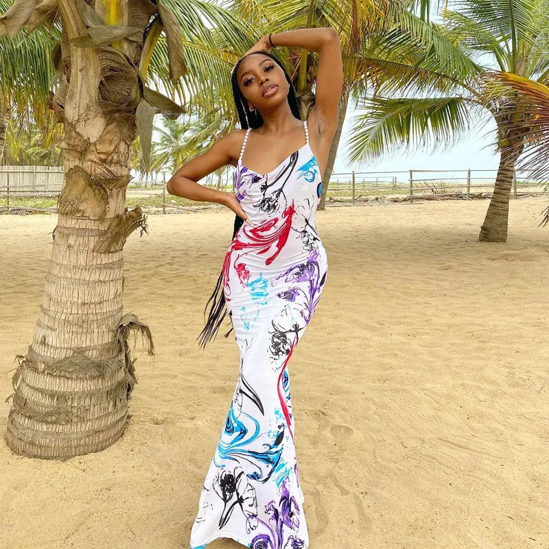 

H6166 - Fit Sexy Printed Backless Sleeveless Halter Dresses Women