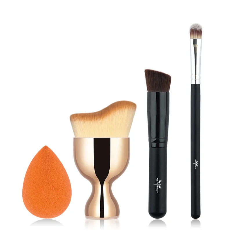 

ANMOR 4Pcs Make Up Tool Set Professional Foundation Concealer Contour Makeup Brush With Sponge, Black and orange