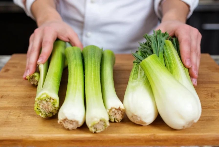Chef comparing celery stalks and fennel bulbs side by side on cutting board
