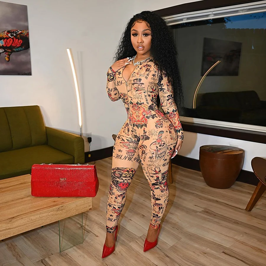 

Nibber K20Q10268 Cartoon Printed Elastic Bodycon Jumpsuit Women Streetwear Skinny Slim Workout Playsuit Rompers Wholesale Custom