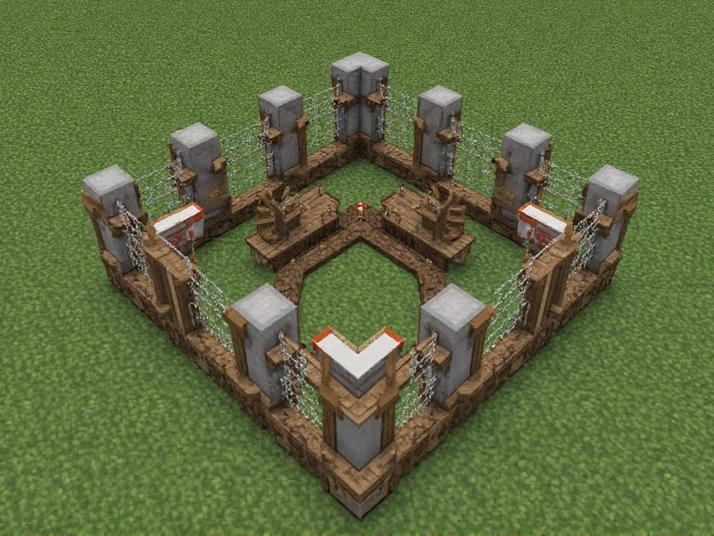 Creative Minecraft fence design with redstone components and animal enclosures