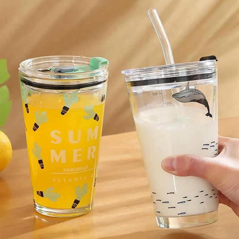 

shoutao customized 450ml creative time maker milk bottle tumblers glass milk mug cup with straw lid