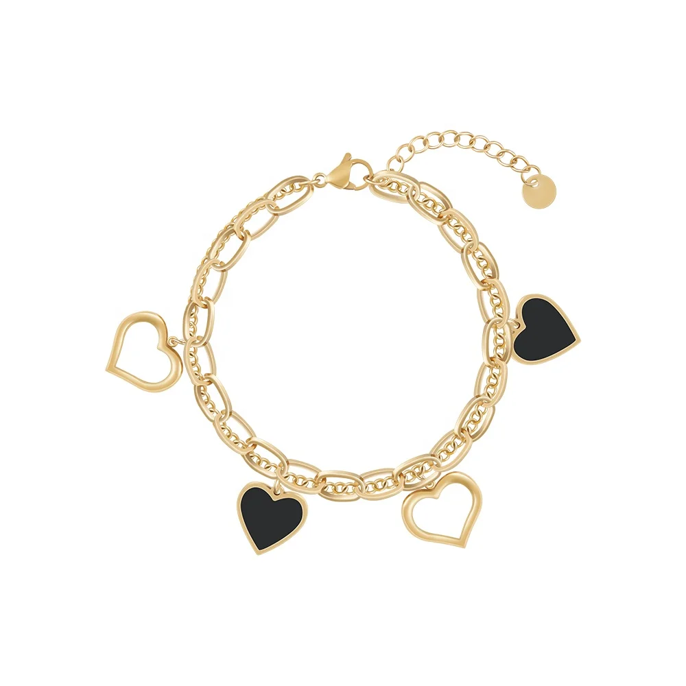 

Latest 18K Gold Plated Stainless Steel Jewelry Hollow Heart Charm Double Layered Link Chain For Women Bracelet B232354