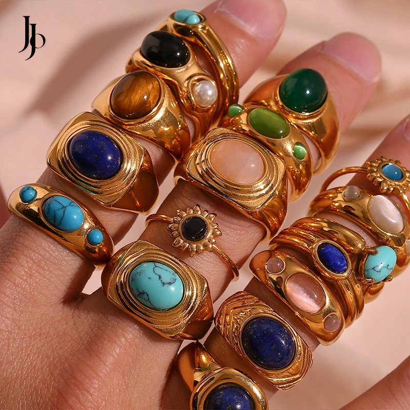 

JOJO Fashion 2023 Dainty gemstone rings natural stone Titanium steel gold plated jewelry rings for women