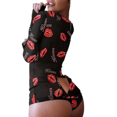 

Wholesale Custom Print Butt Flap Flapjack Onesie Functional Buttoned Adult Sexy Lip Print Pajama Adults Jumpsuit Onesie Pajamas