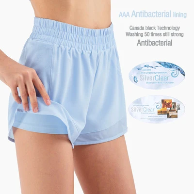 

Women's Double Layer Anti LightMesh Side Pocket Splicing Fitness Pants Elastic High Waist Peach Hip Sports Shorts