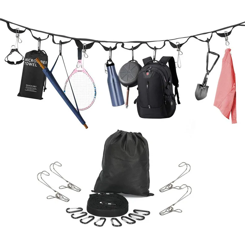 

Campsite Storage Strap with 19 Separated Loops 8 Carabiners Hanging Camping Equipment Gear Camping Lanyard