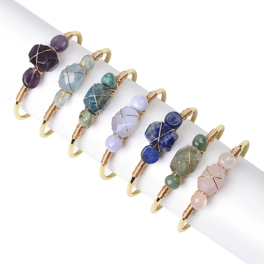 

Cliobeads Lapis Rose Quartz Aquamarine Wrap Crystal Gemstone Bangle Gold Plated Brass Bangles With Stones