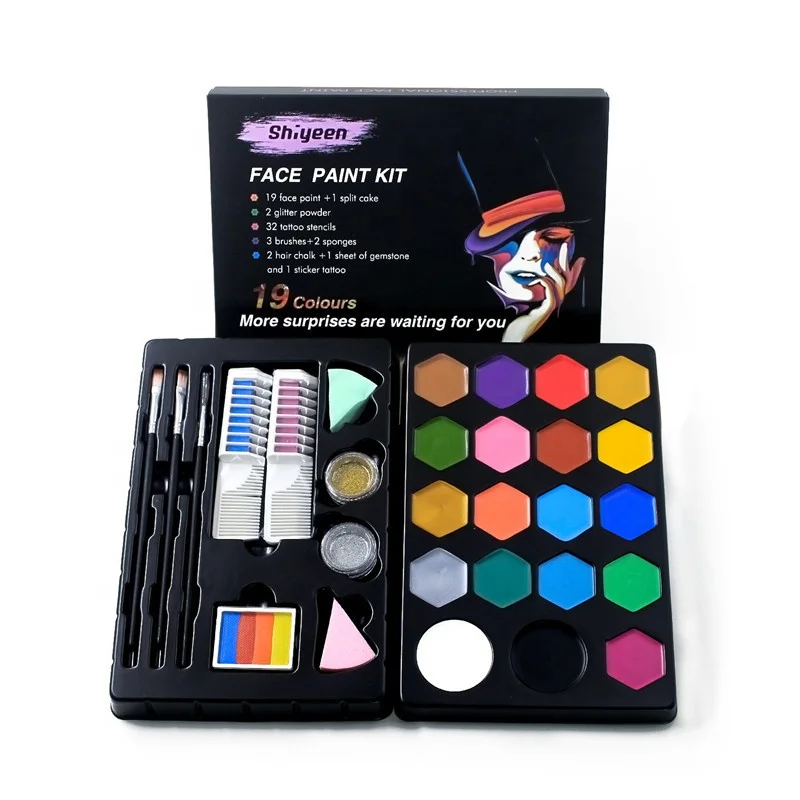 

Water-Based Face Painting Palette Professional 19 Colors Face Paint Kit with Stencils