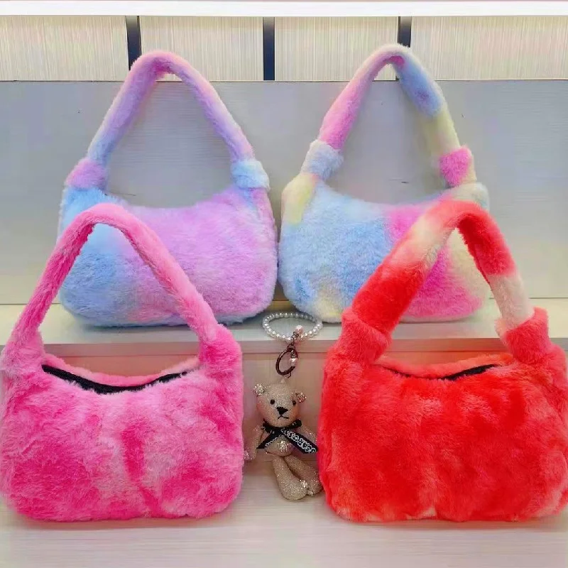 

2021 ladies new design faux fur Underarm bag fall winter Cute fluffy stylish one-shoulder bag handbags for women, 7 colors