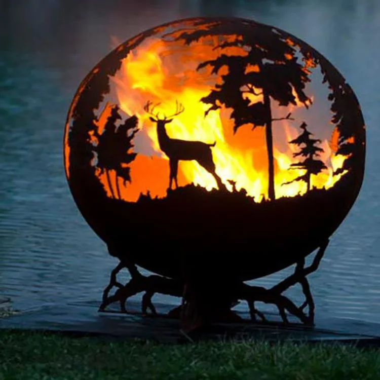 

Outdoor Round Steel Metal Garden Globe Fire Pit, Natural rust