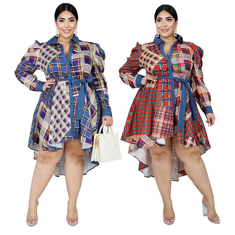 

Long Sleeve Plaid Print Starry Floral Denim Cardigan With Long Tail Women'S Large Size Dress