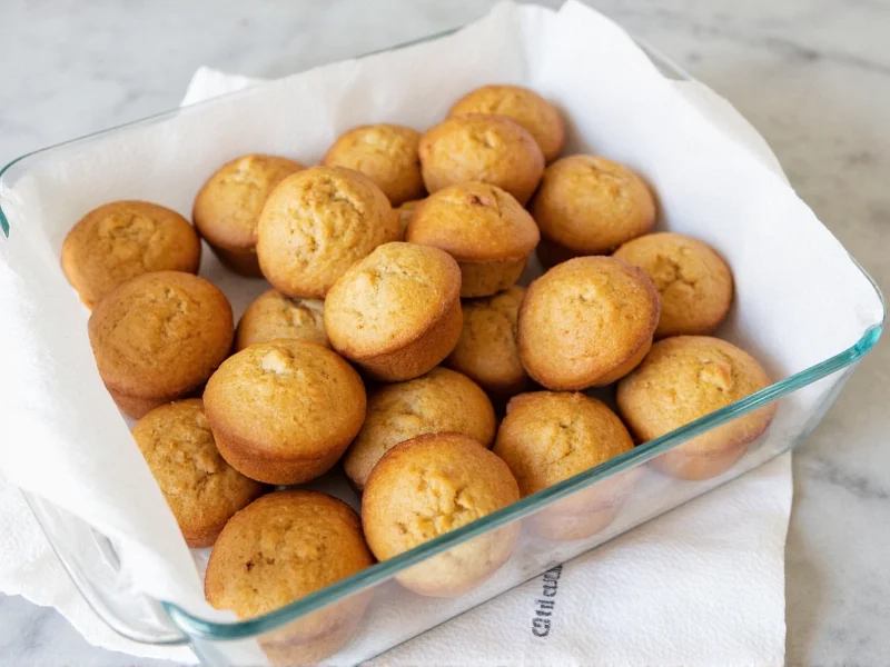 Properly stored homemade muffins in glass container with paper towel