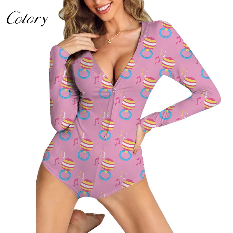 

Colory Adult Girl Sleeve Nightwear Sexy Bodysuits Pajamas Long Pants, Picture shows