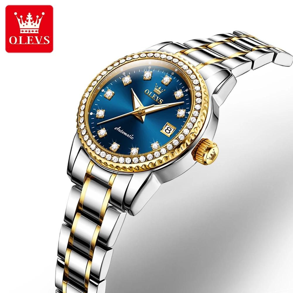 

OLEVS 7003 Fashion Mechanical Women Watches Top Brand Luxury Diamond Design Stainless Steel Band Automatic Female Watch