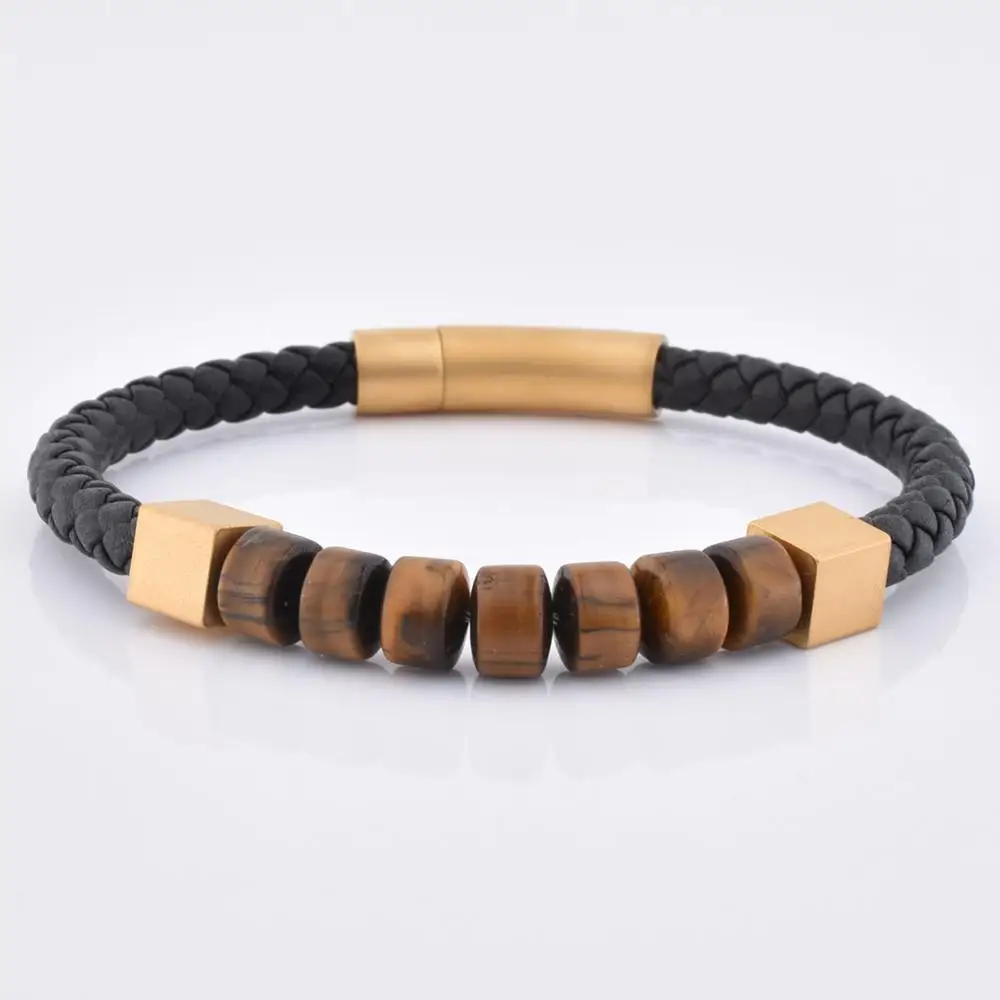 

New Design Fashion Gem Tiger Eye Stone Spacer Beads Gold Charm Leather Bracelets For Men