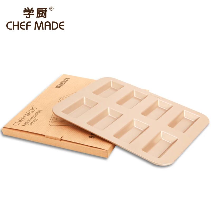 

CHEFMADE 8 Cup Non-Stick Carbon Steel Rectangular Financier Cake Mould Baking Tray Pans, Champagne gold