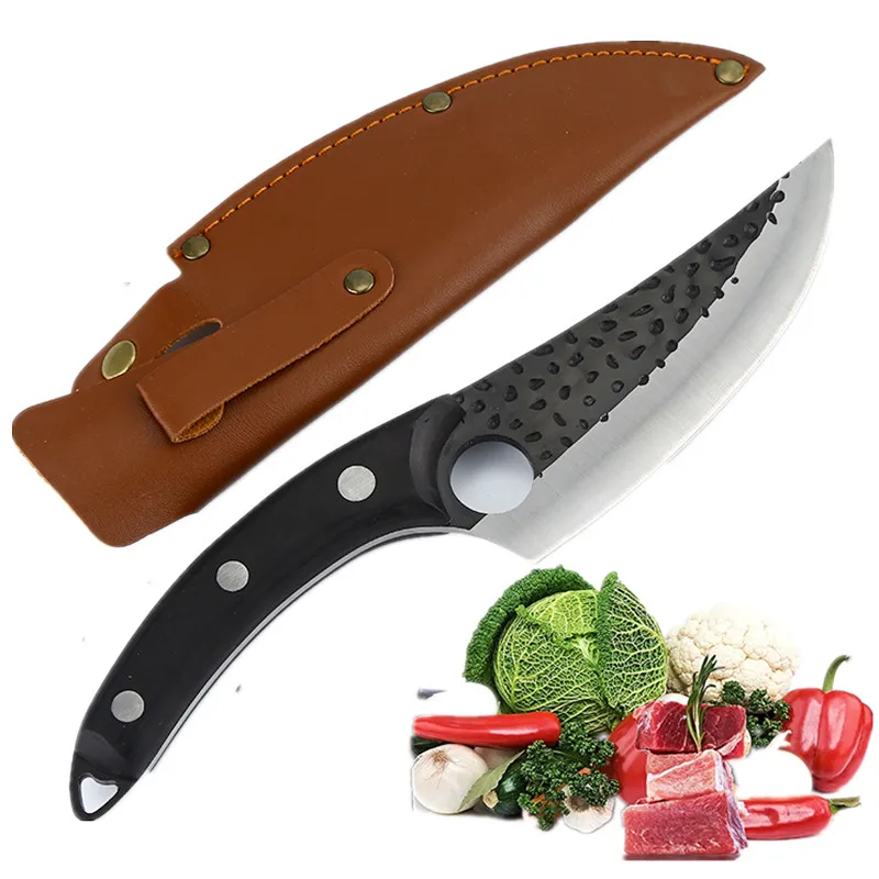 

Hand Forged Butcher and Meat Cleaver Knife with Leather Sheath High Carbon Steel Knife Hammered Chopping Knives for Kitchen