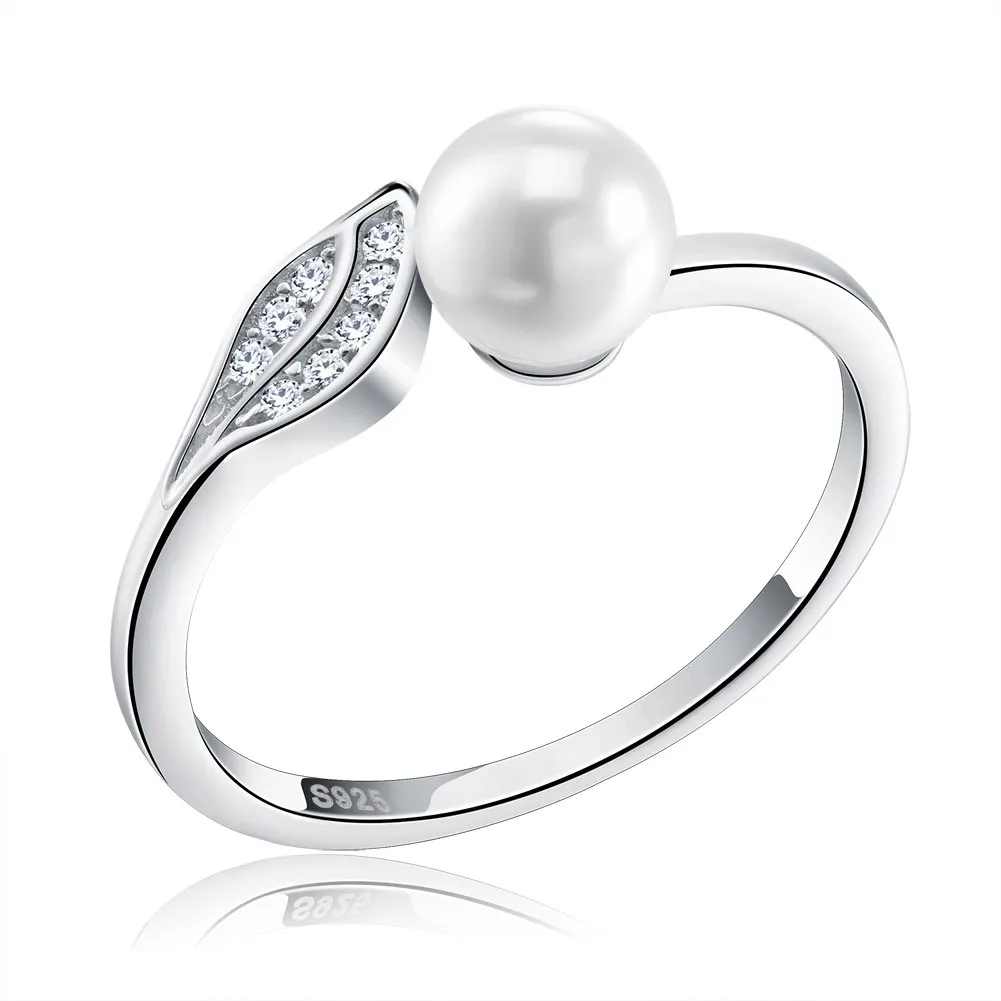 

Women Wedding Jewelry Gift Leaf Design Open Ring S925 Silver Ring Women Dainty Pearl Ring, Silver/gold