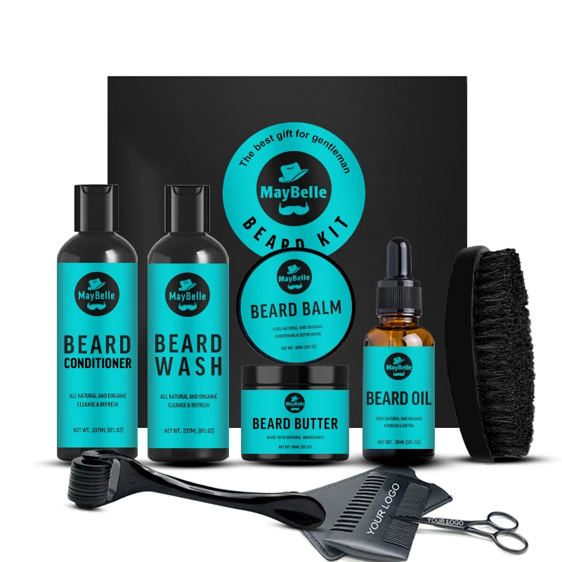 

Small MOQ Custom Logo Men's Gift Beard Care Set Derma Roller Natural Beard Oil Shampoo Conditioner Beard Growth Kit