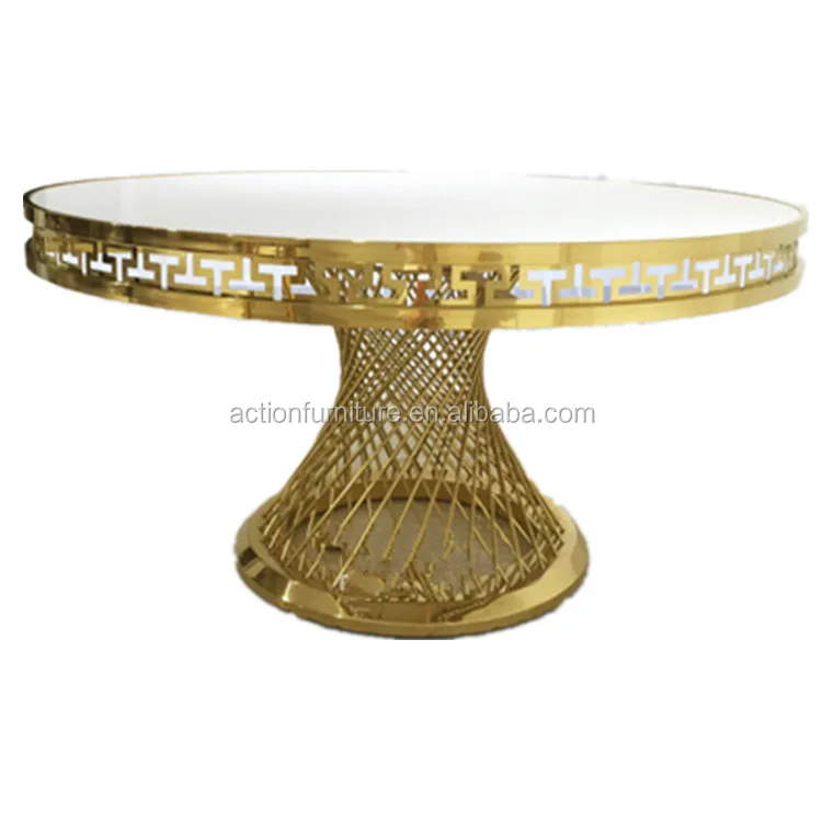 
Round Tempered Glass Chromed Metal Base Wedding Dining Table for banquet 