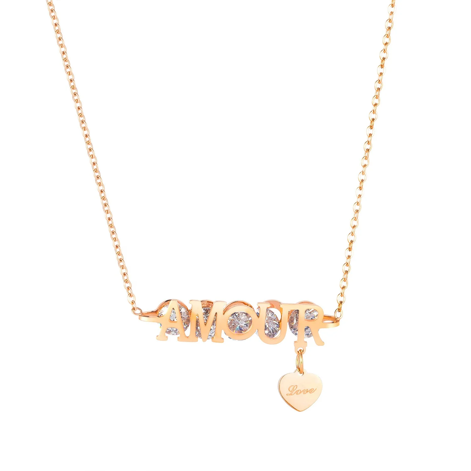 

Shenzhen Factory Price Cute Jewelry 316L Stainless Steel Letter Amour Necklace, Rose gold