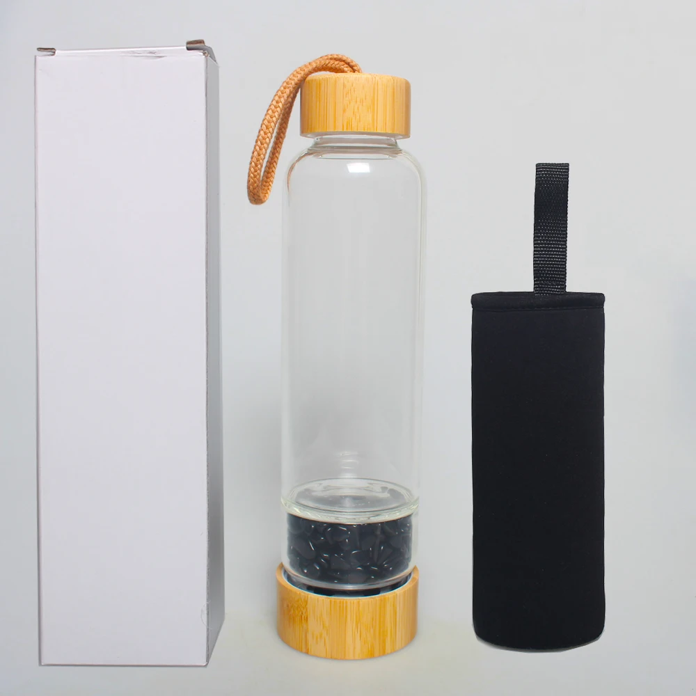 

Natural bamboo obsidian crystal infused glass water bottle infused healing crystal water bottle