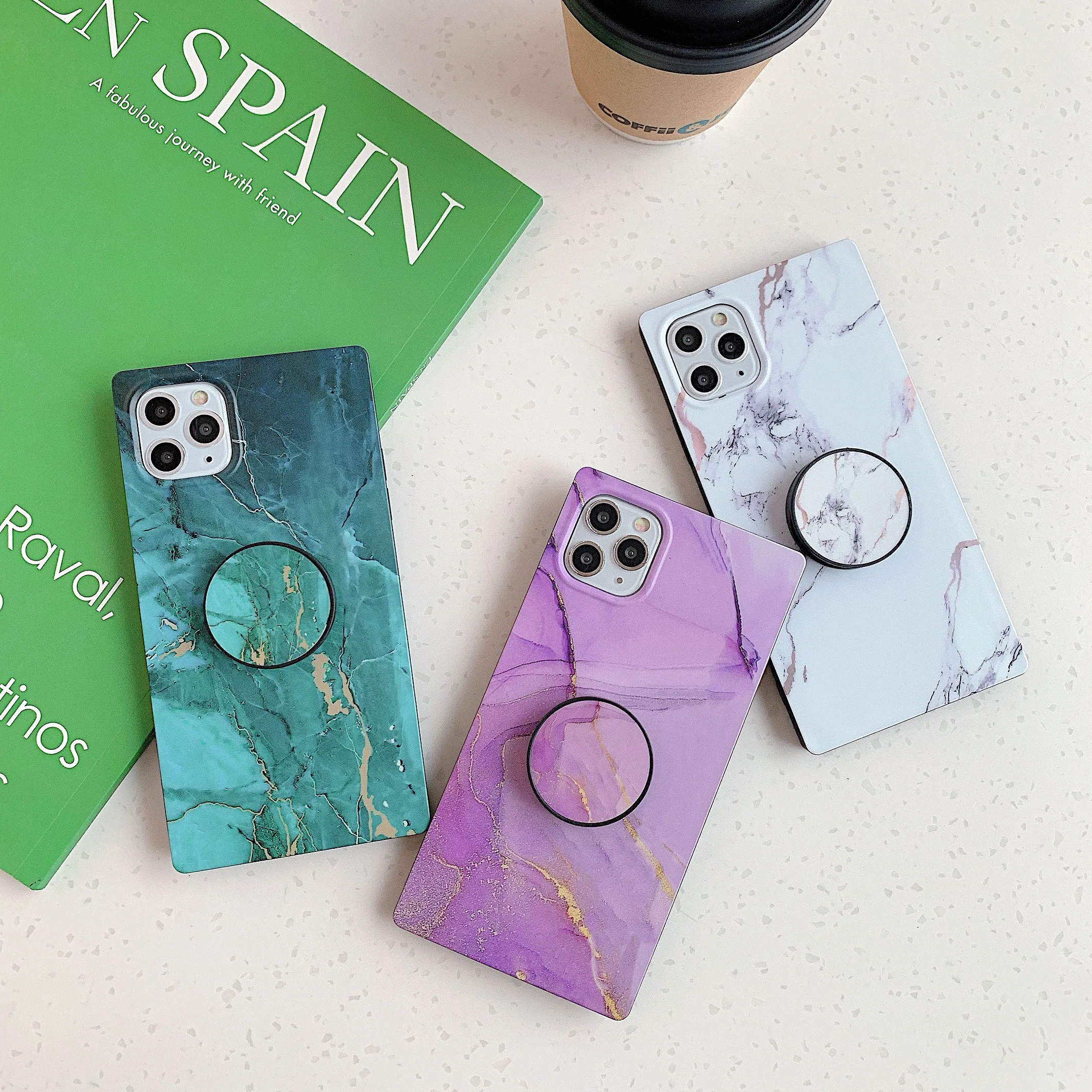 

2020 Stylish Flower Customized IMD TPU Square Marble Phone Case For iPhone 12 With Stand