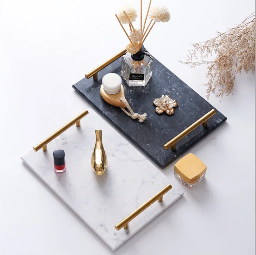 

Marble Tray With Metal Handle Hotel Nordic Style Rectangle Bathroom Storage Tray Marble Storage Tray, Multiple colors