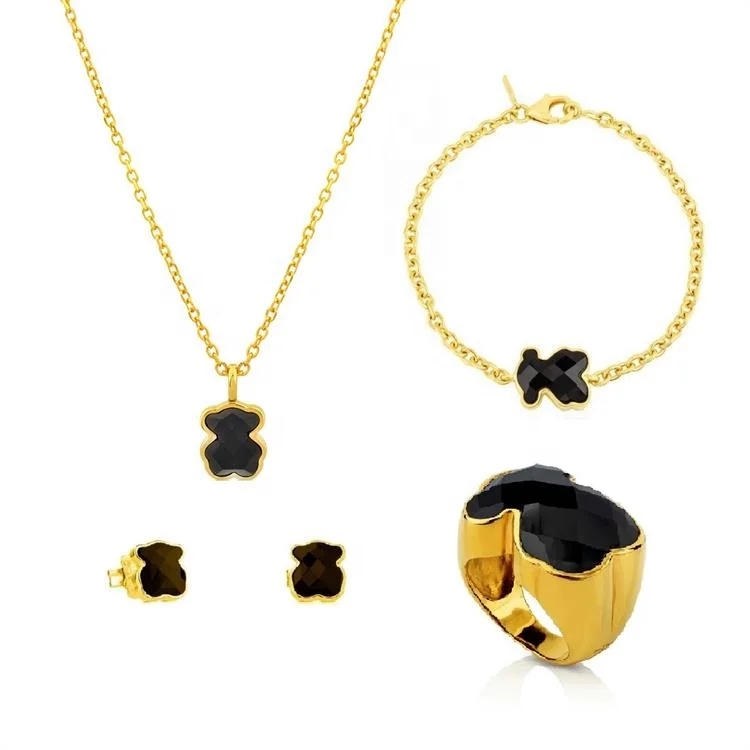 

Onyx touses gold plated necklace with silver earrings bracelet and ring combination Spain bear fashion jewelry set